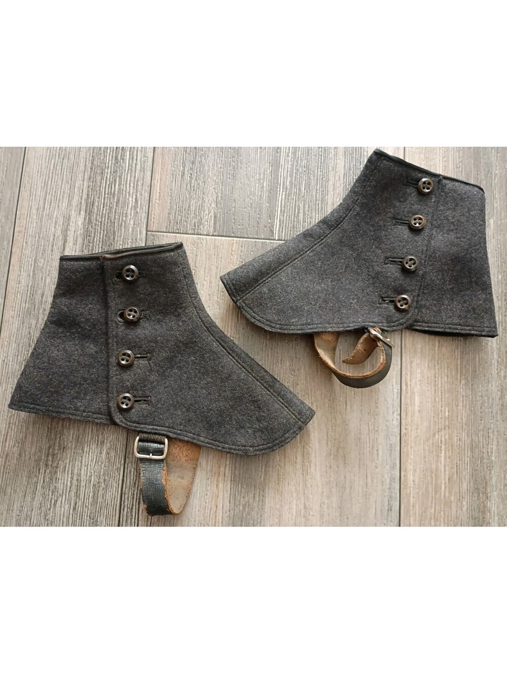 Antique Victorian Wool Spats Gray With Leather Straps Buttons